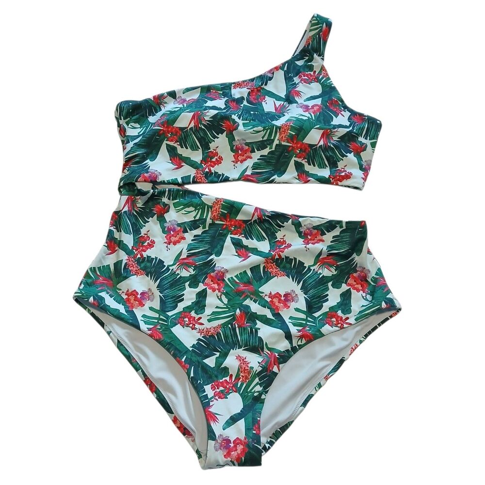 NWT XL Victoria's Secret Cut-out One-Piece Swimsuit Green Red Palm Tropical